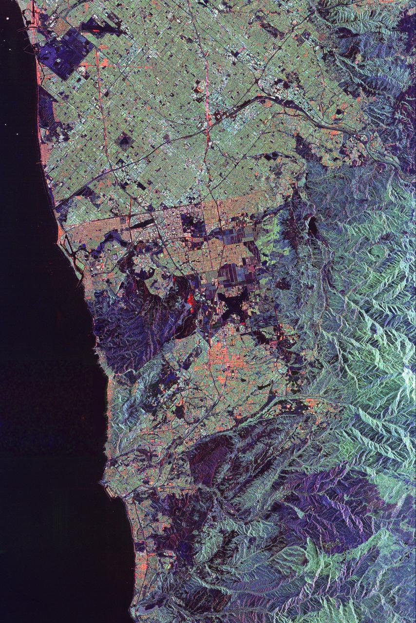 This spaceborne radar image of Orange County, Calif., shows the massive urbanization of this rapidly growing region located just south of Los Angeles.