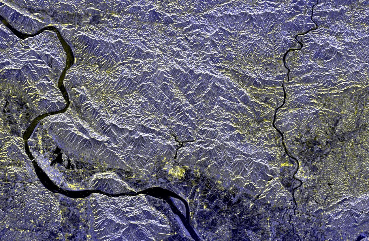 This spaceborne radar image of a mineral-rich region in southern China is being used by geologists to identify potential new areas for mineral exploration.