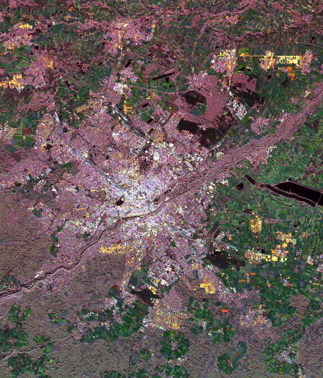 This spaceborne radar image of Munich, Germany illustrates the capability of a multi-frequency radar system to highlight different land use patterns in the area surrounding Bavaria largest city.