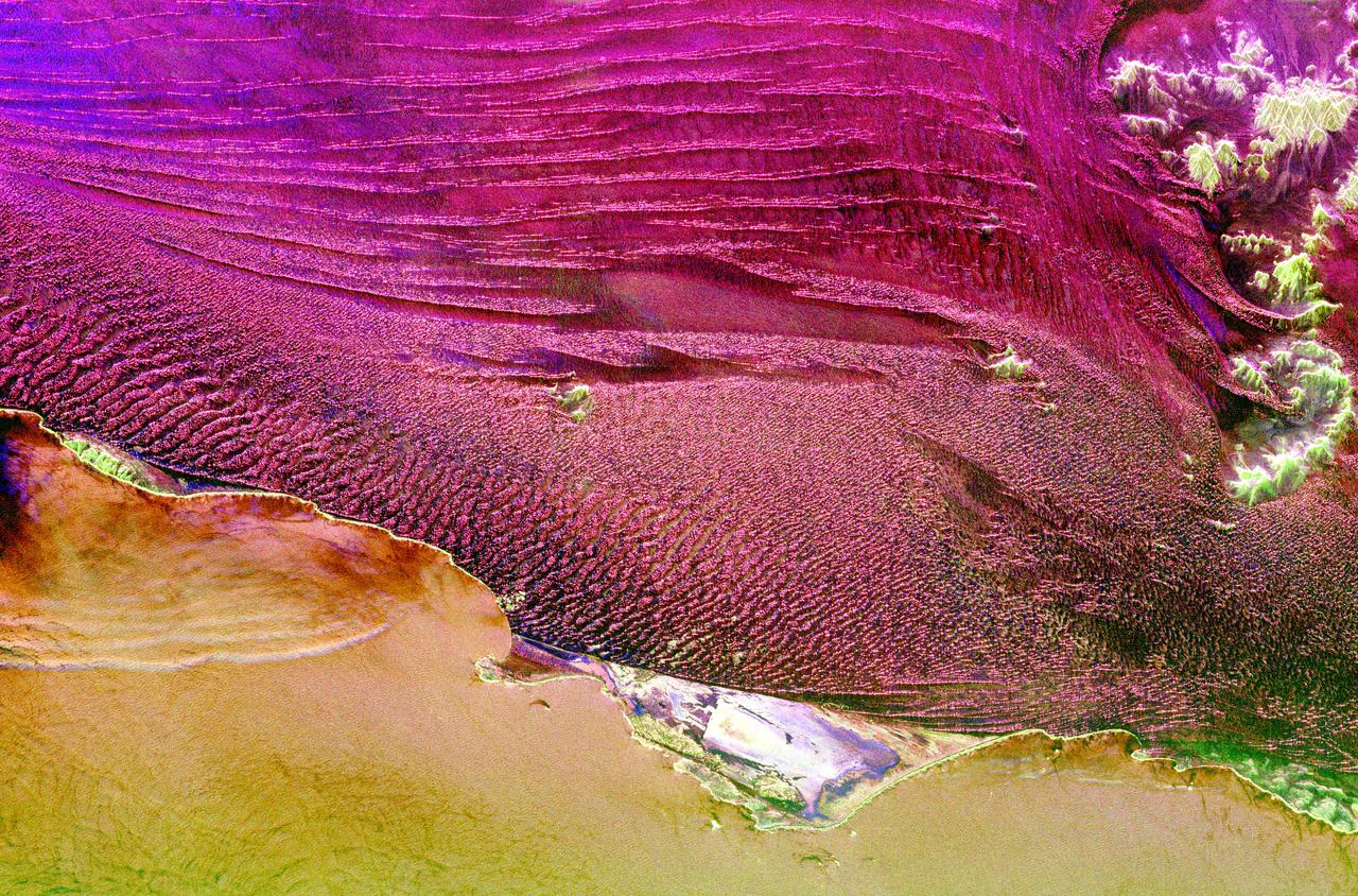 This spaceborne radar image shows part of the vast Namib Sand Sea on the west coast of southern Africa, just northeast of the city of Luderitz, Namibia.