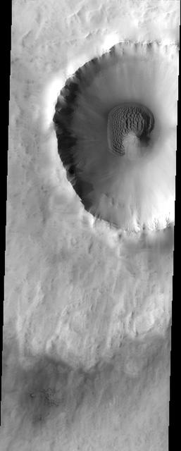 The sand dunes in this image surround the northwestern half of the central peak of this crater