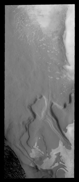 The dark sand dunes in this image are only a very small portion of the sand sea that surrounds the north polar cap of Mars