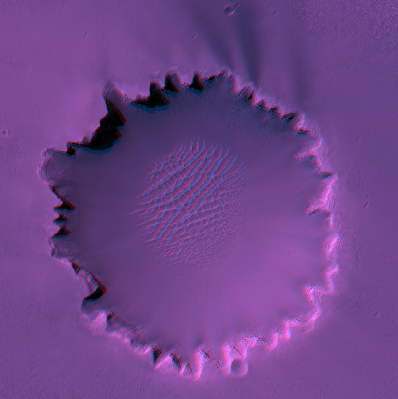 This anaglyph from NASA Mars Reconnaissance Orbiter is of Victoria Crater. 3D glasses are necessary to identify surface detail.