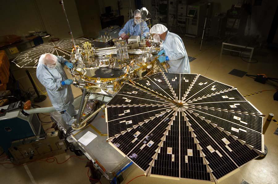 NASA next Mars-bound spacecraft, the Phoenix Mars Lander, partway through assembly and testing at Lockheed Martin Space Systems, Denver, in September 2006.