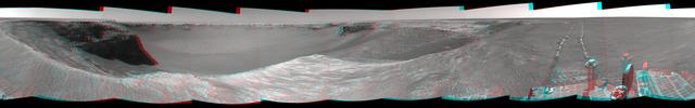 NASA Mars Exploration Rover Opportunity used its navigation camera to take the images combined into this stereo view of the rover surroundings on sol or Martian day 959 of its surface mission