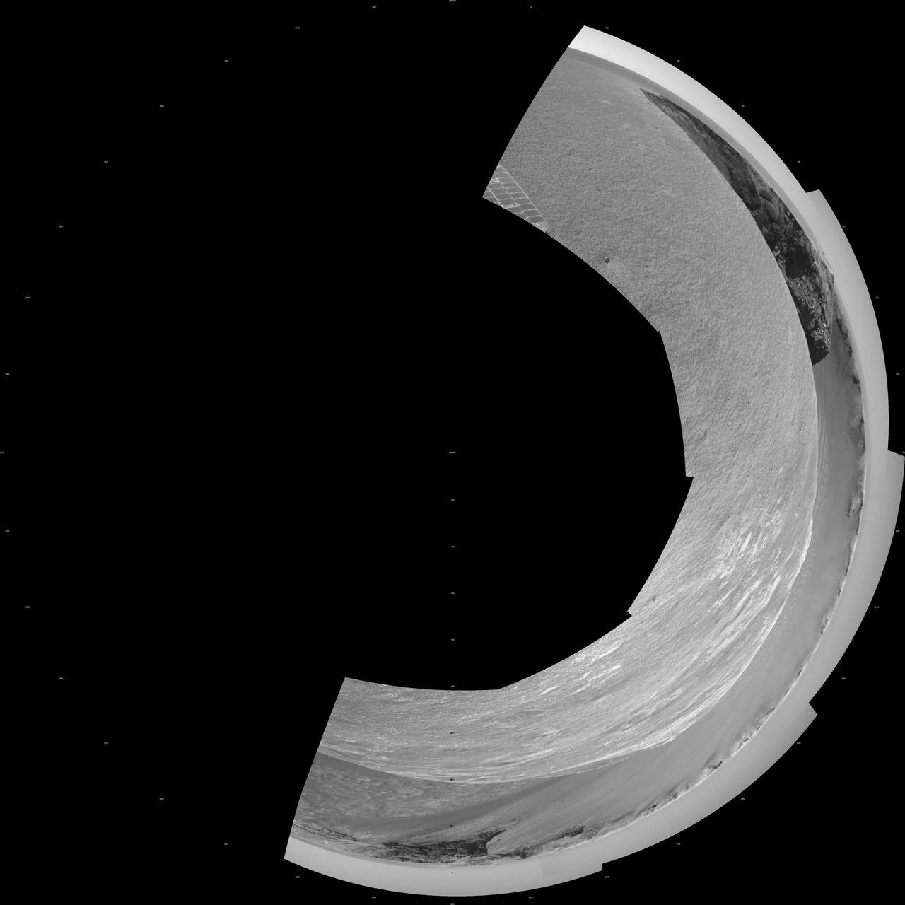 NASA Mars Exploration Rover Opportunity used its navigation camera to take the images combined into this stereo view of the rover surroundings on the 958th sol, or Martian day, of its surface mission Oct. 4, 2006