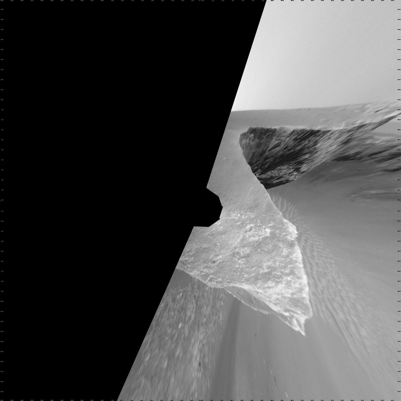 NASA Mars Exploration Rover Opportunity used its navigation camera to take the images combined into this stereo view of the rover surroundings on the 958th sol, or Martian day, of its surface mission Oct. 4, 2006
