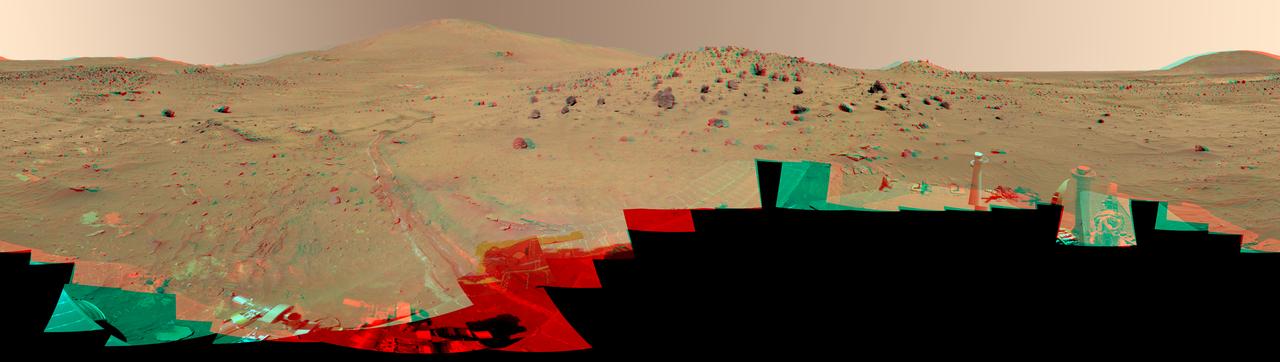 This 360-degree color view, called the McMurdo panorama, comes from the panoramic camera aboard NASA Mars Exploration Rover Spirit. From April through October 2006, Spirit has stayed on a small hill known as Low Ridge. 3D glasses are necessary.