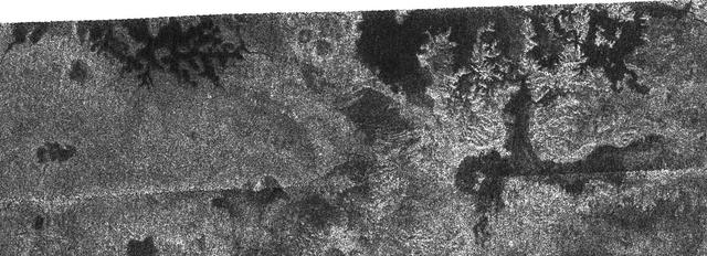 In this image taken by NASA Cassini radar system, a previously unseen style of lakes is revealed. The lakes here assume complex shapes and are among the darkest seen so far on Titan.