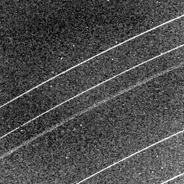 This NASA Voyager 2 image of the Uranian rings delta, gamma, eta, beta and alpha from top was taken Jan. 23, 1986.