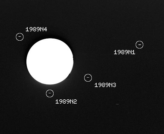This image captured by the NASA Voyager 2 spacecraft on July 30, 1989, was used to confirm the discovery of three new satellites orbiting Neptune.