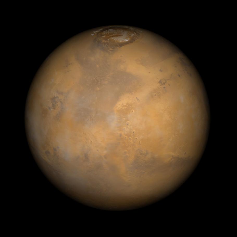 NASA's Mars Global Surveyor Mars Orbiter Camera view of the red planet shows the region that includes Ares Vallis and the Chryse Plains upon which both Mars Pathfinder and the Viking 1 landed in 1997 and 1976, respectively.