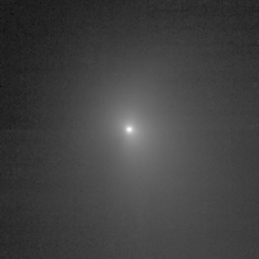 This image shows comet Tempel 1 as seen through the clear filter of the medium resolution imager camera on NASA Deep Impact. It was taken on June 25, 2005.