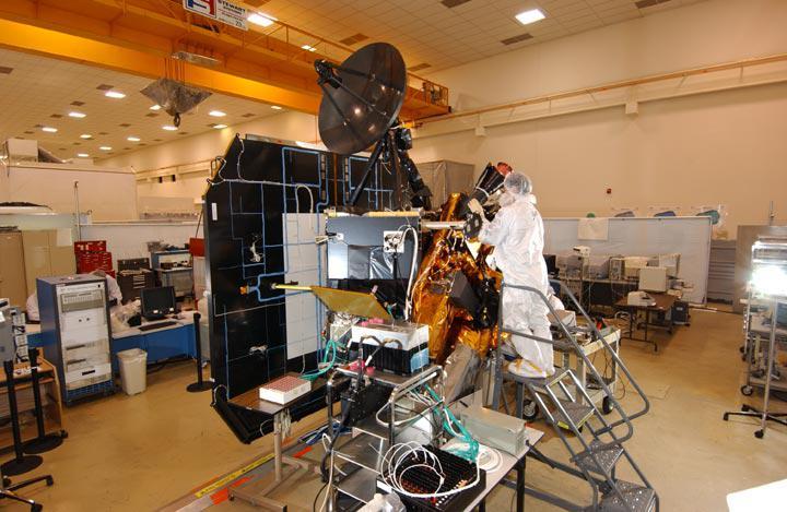 This image shows NASA Deep Impact spacecraft being built at Ball Aerospace & Technologies Corporation, Boulder, Colo. on July 2, 2005. The spacecraft impactor was released from Deep Impact flyby spacecraft.