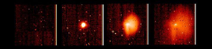 This display shows highly processed images of the outburst of comet Tempel 1 between June 22 and 23, 2005. The pictures were taken by NASA Deep Impact medium-resolution camera.