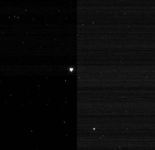 This image of NASA Deep Impact impactor probe was taken by the mission mother ship, or flyby spacecraft, after the two separated at 11:07 p.m. Pacific time, July 2 2:07 a.m. Eastern time, July 3, 2005.