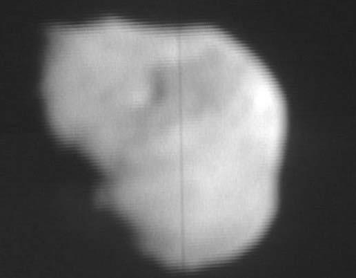 This image from NASA TV shows the nucleus of comet Tempel 1 from Deep Impact flyby high-resolution imager.