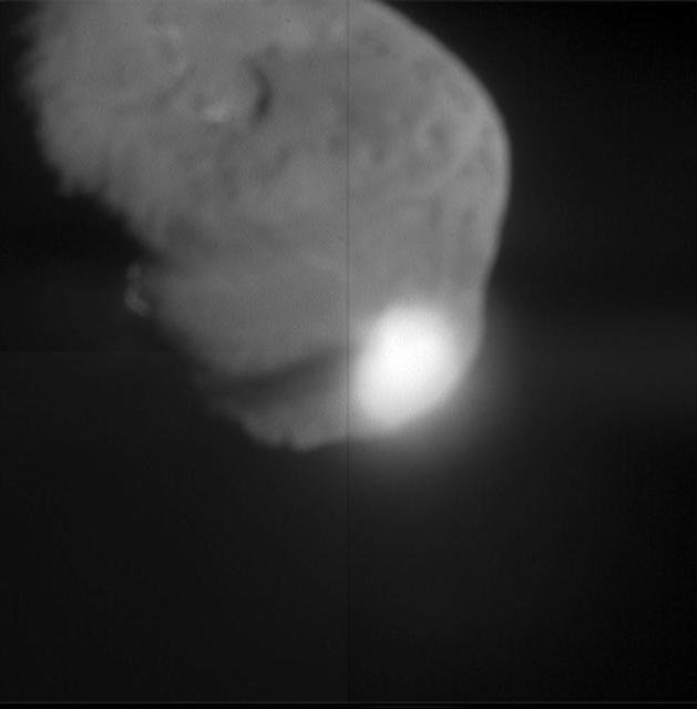 When NASA Deep Impact probe collided with Tempel 1, a bright, small flash was created, which rapidly expanded above the surface of the comet. This flash lasted for more than a second.