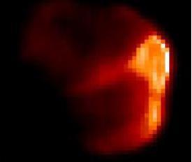This image composite shows comet Tempel 1 in infrared light . The infrared picture highlights the warm, or sunlit, side of the comet, where NASA Deep Impact probe later hit.