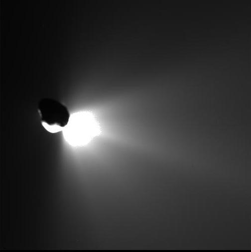 This image shows the view from NASA Deep Impact flyby spacecraft as it turned back to look at comet Tempel 1. Fifty minutes earlier, the spacecraft probe was run over by the comet.
