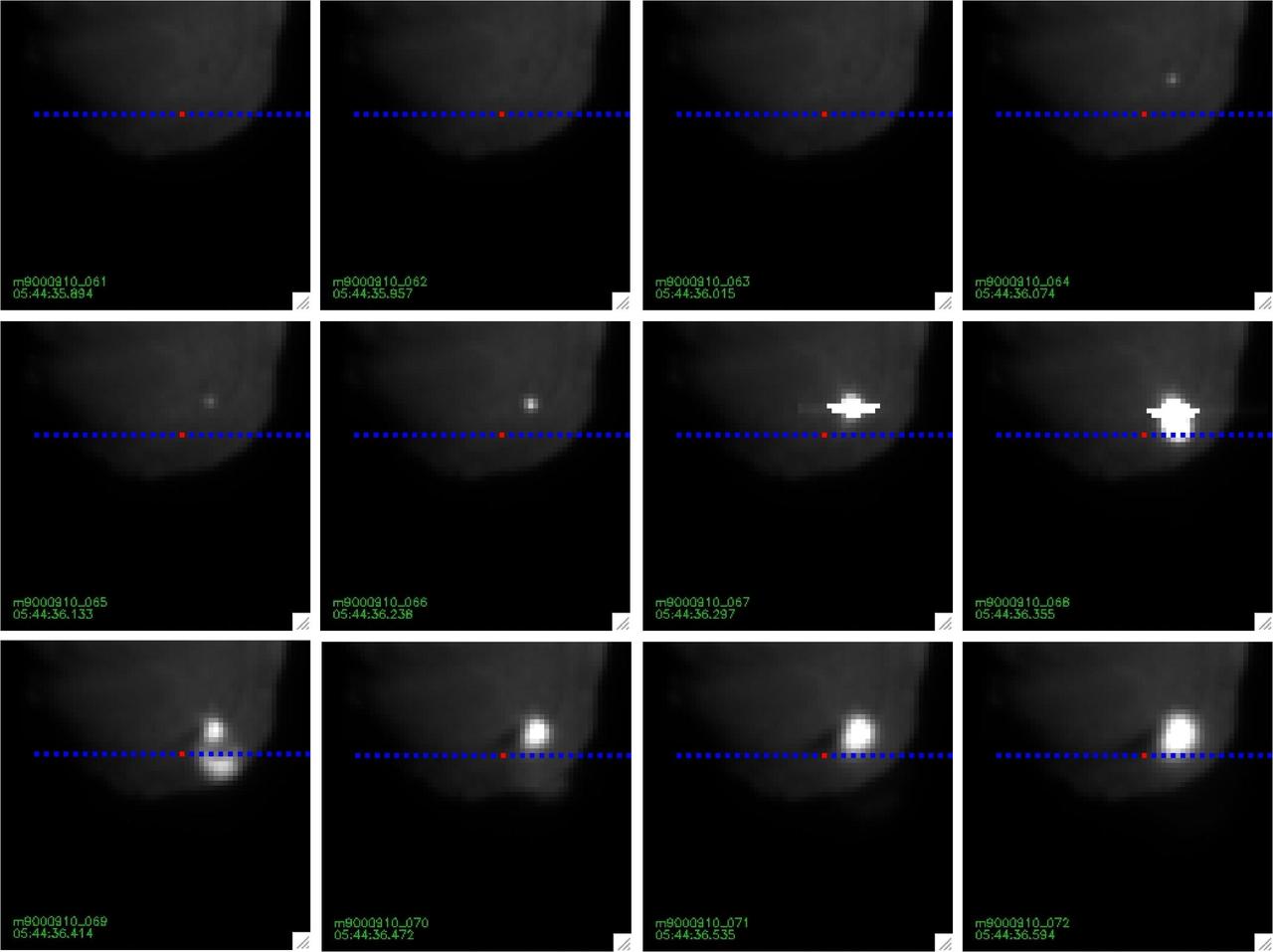 NASA Deep Impact Tempel 1 Mission Update. Images of impact taken with the medium resolution imager. The blue dotted line is the position of the spectrometer slit.