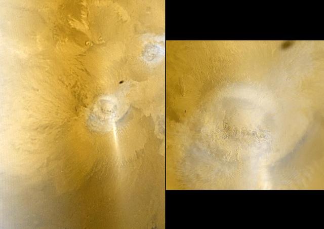 This pair of Mars Global Surveyor MGS Mars Orbiter Camera MOC color images shows early autumn clouds over the Arsia Mons volcano, plus the shadow of the innermost of the two martain moons, Phobos