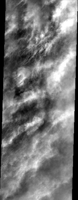In this image the martian surface is completely hidden from view by thick  clouds. The thickness of the clouds indicates the dust is a major  component of the clouds