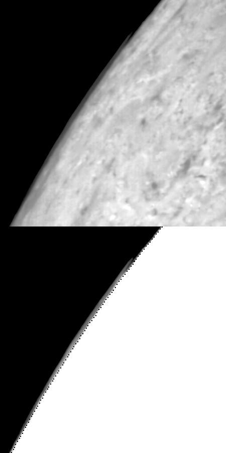This mosaic from NASA Galileo Probe is of an equatorial hotspot on Jupiter and shows the features of a hazy cloud layer tens of kilometers above Jupiter main visible cloud deck.