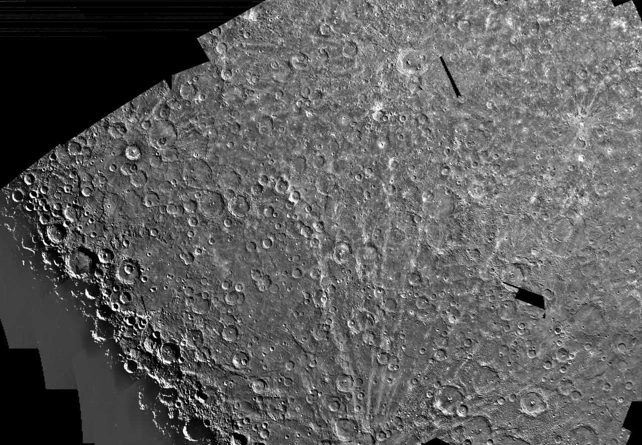 This image, from NASA Mariner 10 spacecraft which launched in 1974, is of the Michelangelo Quadrangle, which lies in Mercury southern polar region. The Mercurian surface is heavily marred by numerous impact craters. 