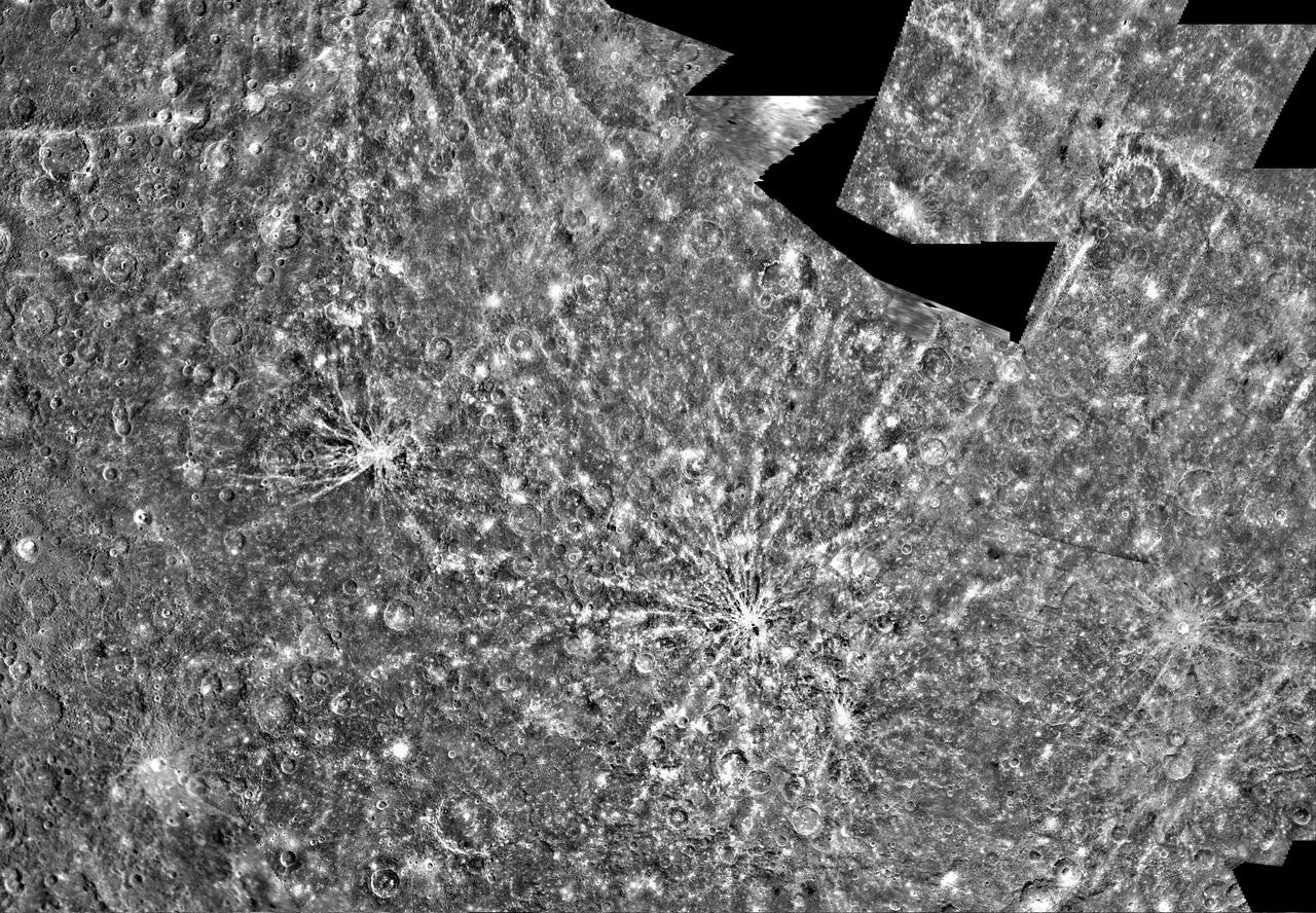 This image, from NASA Mariner 10 spacecraft which launched in 1974, is of the H-7 Beethoven Quadrangle, and lies in Mercury Equatorial Mercator. NASA Mariner 10 spacecraft imaged the region during its initial flyby of the planet.