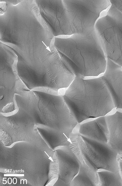 NASA image: Recent Sand Avalanching on Rabe Crater Dunes