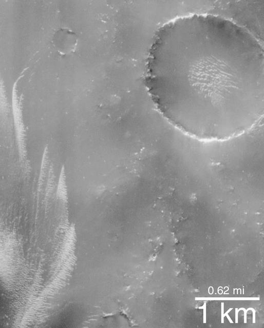 This anaglyph from NASA Mars Global Surveyor shows dark, blanketed or mantled surfaces in the Sinus Sabaeus region of Mars. 3D glasses are necessary to view this image.