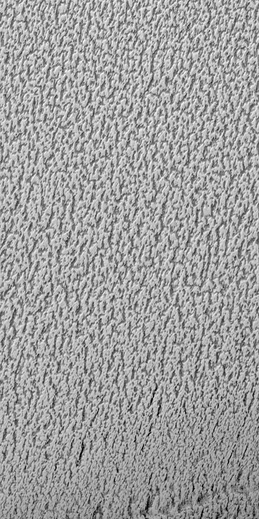 This image is illuminated by sunlight from the upper left.  Martian Dairy Products? If parts of the south polar cap can look like swiss cheese (see "Martian "Swiss Cheese""), then parts of the north polar cap might as well look like some kind of cheese, too. This picture shows a cottage cheese-like texture on the surface of a part of the residual--summertime--north polar cap.  The north polar cap surface is mostly covered by pits, cracks, small bumps and knobs. In this image, the cap surface appears bright and the floors of pits look dark. Based upon observations made by the Mariner 9 and Viking orbiters in the 1970s, the north polar residual cap is thought to contain mostly water ice because its summertime temperature is usually near the freezing point of water and water vapor was observed by the Vikings to be coming off the cap during summer. The south residual cap is different--its temperatures in summer remain cold enough to freeze carbon dioxide, and very little to no water vapor has been observed to come off the south cap in summer.  The pits that have developed on the north polar cap surface are closely-spaced relative to the very different depressions in the south polar cap. The pits are estimated from the length of shadows cast in them to be less than about 2 meters (5.5 feet) deep. These pits probably develop slowly over thousands of years of successive spring and summer seasons.  This picture was taken by the Mars Global Surveyor (MGS) Mars Orbiter Camera (MOC) during northern summer on April 5, 1999. The picture is located near 82.1°N, 329.6°W and covers an area 1.5 km wide by 3 km long (0.9 x 1.8 miles) at a resolution of 3 meters (10 ft) per pixel.  http://photojournal.jpl.nasa.gov/catalog/PIA02369