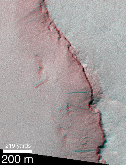 The anaglyph is helpful to see that the dark streaks really do occur on a slope in this image taken by NASA Mars Global Surveyor 1999. 3D glasses are necessary to view this image.
