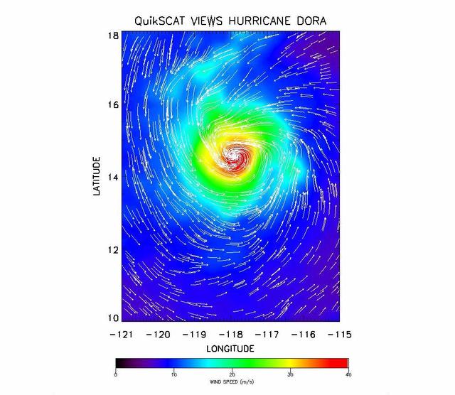 The SeaWinds instrument onboard NASA new QuikScat ocean-viewing satellite captured this image of Hurricane Dora in the eastern tropical Pacific Ocean on August 10, as it was blowing at speeds of nearly 40 meters per second 90 miles per hour.