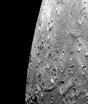 After passing Mercury the first time and making a trip around the Sun, NASA Mariner 10 again flew by Mercury on Sept. 21, 1974. This encounter brought the spacecraft in front of Mercury in the southern hemisphere.