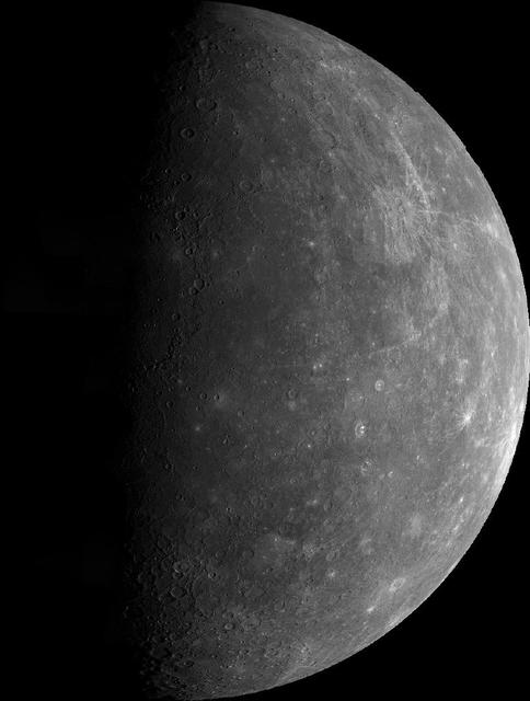 This mosaic, made from over 140 individual TV frames taken about two hours after encounter, shows the planet Mercury as seen by NASA Mariner 10 as it sped away from the planet on March 29, 1974.