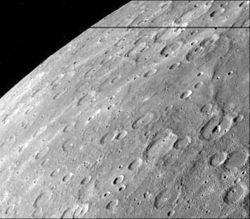 Antoniadi Ridge, over 450 kilometers long, runs along the right side of this acquired image during NASA Mariner 10 first encounter with Mercury after its launch in 1974.