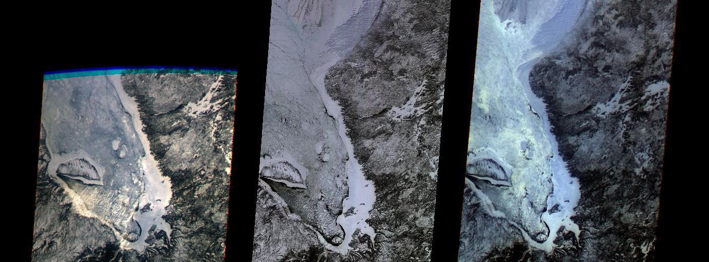 The first images taken by NASA Multi-angle Imaging SpectroRadiometer MISR on February 24, 2000, show the winter landscape of James Bay, Ontario, Canada from three of the instrument nine cameras.