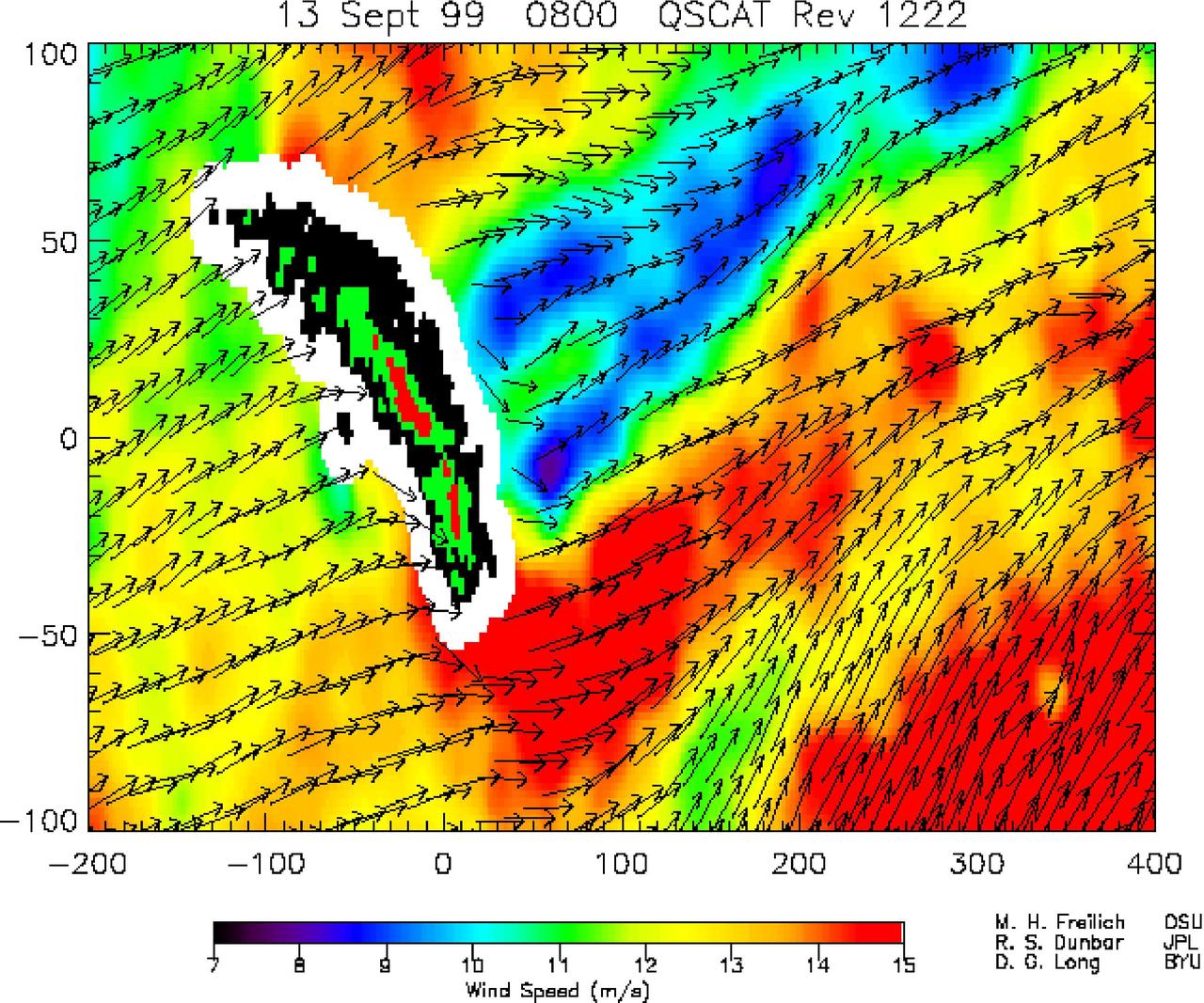 NASA SeaWinds instrument on the QuikScat satellite shows winds are blocked by an island mountain barrier on South Georgia Island, in the South Atlantic Ocean in the year 2000.