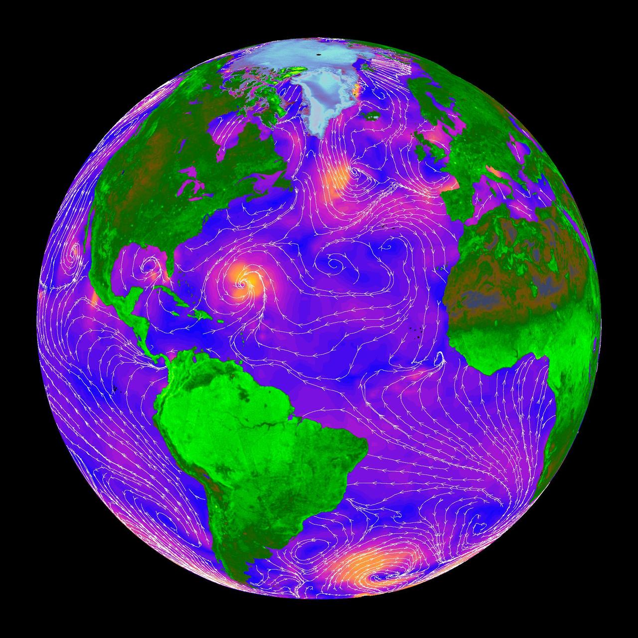 The SeaWinds scatterometer on NASA QuikScat satellite makes global radar measurements day and night, in clear sky and through clouds. Greenland and the polar ice cap are shown here on September 20, 1999.