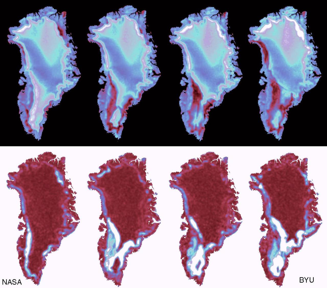 The frequent coverage provided by NASA SeaWinds instrument on the QuikScat satellite in 1999 provided unprecedented capability to monitor daily and seasonal changes in the key melt zones of Greenland.
