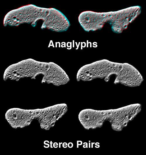 This image from NASA NEAR Shoemaker is of processed data showing Eros from slightly different perspectives is combined as anaglyphs or stereo pairs. 3D glasses are necessary to view this image.