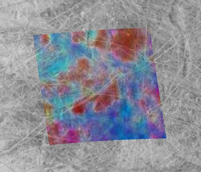 This composite image of the Jupiter-facing hemisphere of Europa was obtained on Nov. 25, 1999 by NASA Galileo spacecraft. Blue areas show cleanest, brightest icy surfaces, while the red areas have the highest concentrations of darker, non-ice materials.