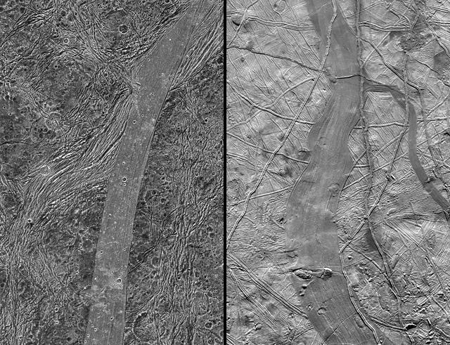 NASA image: Comparison of Ganymede and Europa features
