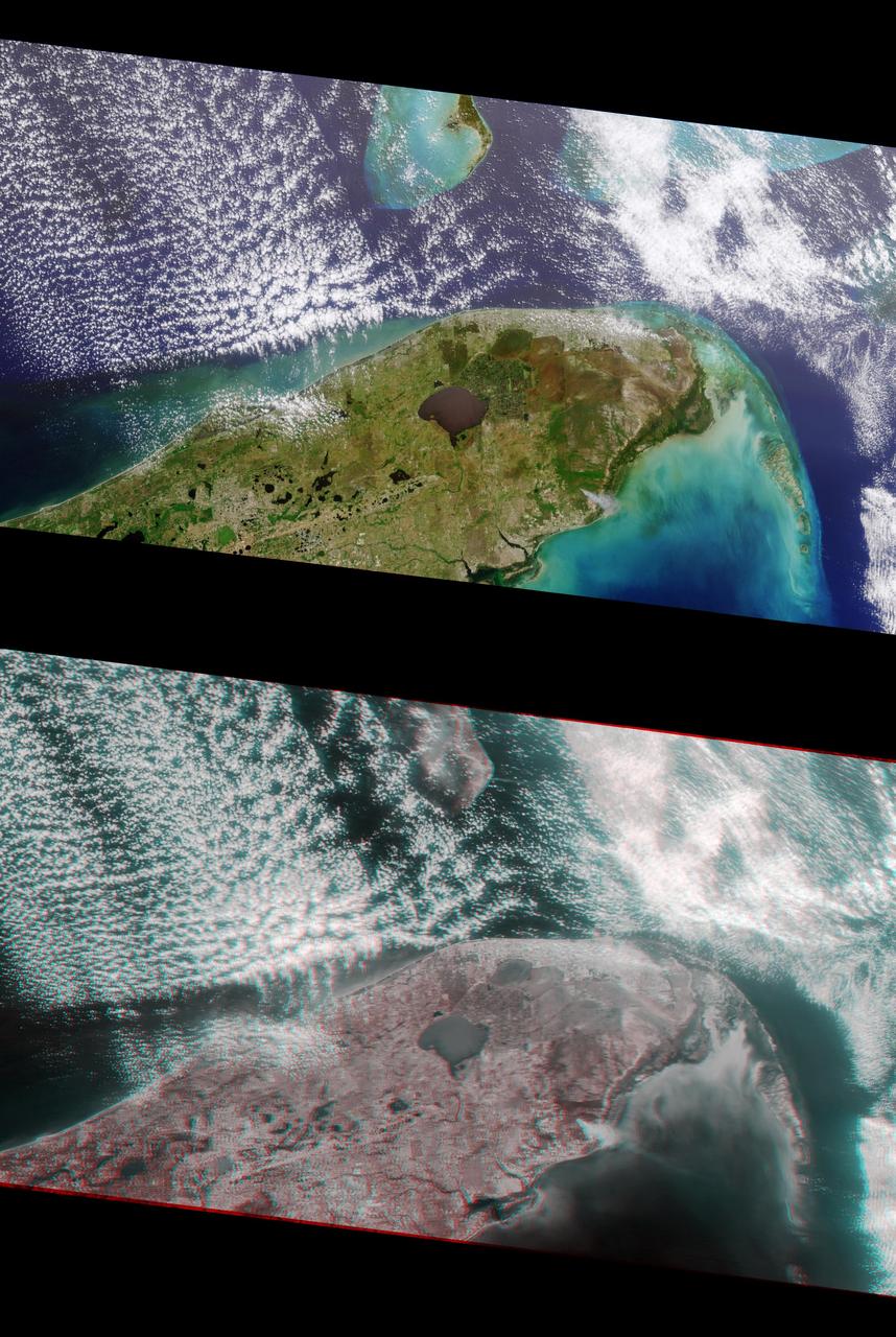 A plume from a large brush fire that burned about 15,000 acres in 2000 is visible at the western edge of the Big Cypress Swamp in southern Florida. NASA Terra satellite captured acquired this image on April 9, 2000. 3D glasses are necessary.