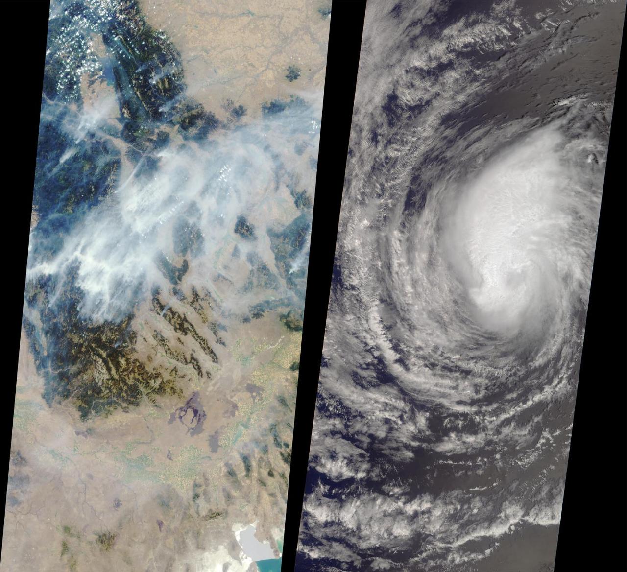 These images from NASA Terra satellite captured on August 14, 2000 show forest fires raging in Montana and Hurricane Hector swirling in the Pacific.