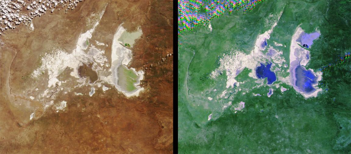 These images from NASA Terra satellite images of the Ntwetwe and Sua Pans in northeastern Botswana were acquired on August 18, 2000 Terra orbit 3553.