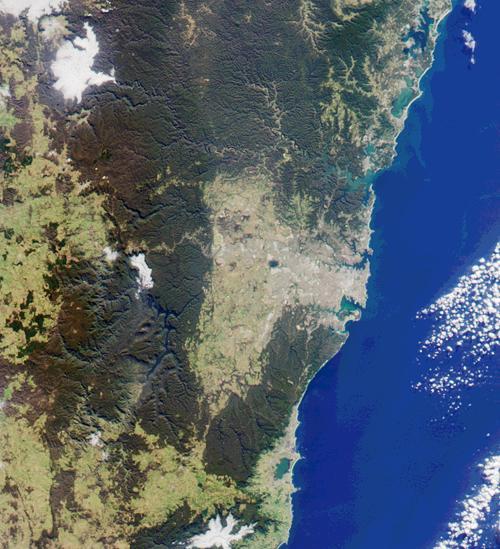 This image from NASA Terra satellite was acquired on July 11, 2000 Terra orbit 3009 and shows a 200-kilometer section of the eastern Australian coast, centered around the Sydney metropolitan area.