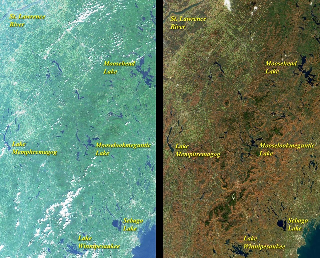 These images from NASA Terra satellite include eastern Vermont, New Hampshire, and western Maine, as well as the southeastern corner of Quebec province between August and October, 2000.
